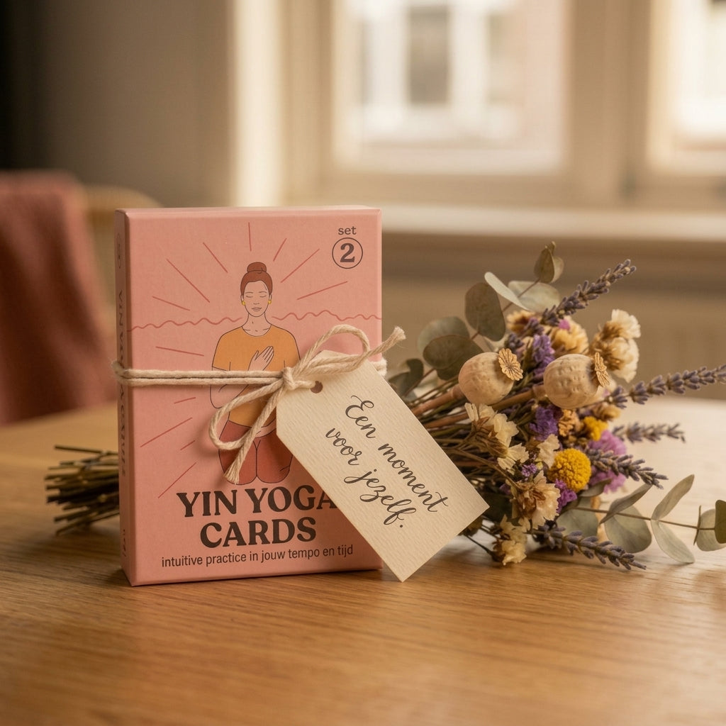 Yin Yoga Cards set 2 als cadeau, met een touwtje en label naast een boeket droogbloemen op een houten tafel
