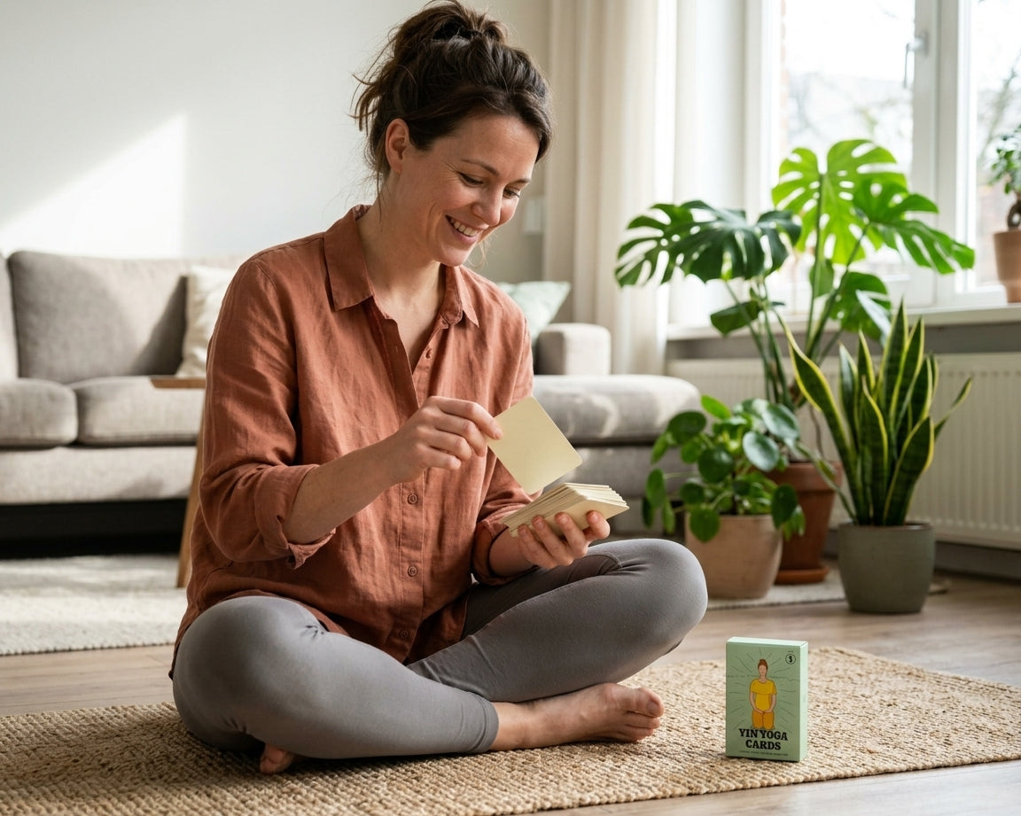 Vrouw zit op een jutemat in de woonkamer en pakt een Yin Yoga Card van de stapel, met de doos van set 1 naast zich