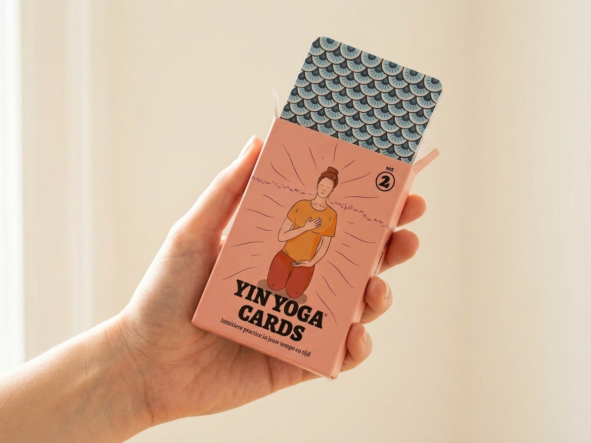 Hand houdt de roze doos van Yin Yoga Cards set 2 vast, met de kaarten half uit de doos